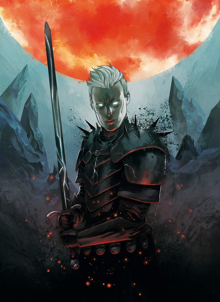 Un guerrier aux yeux blancs, en armure sombre, tenant une longue épée devant une lune rouge et des montagnes