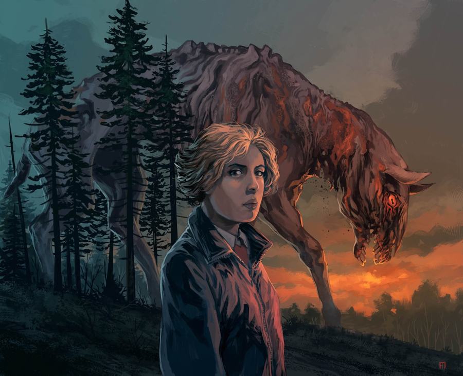 Une jeune femme blonde en blouson, de face, devant une gigantesque créature décharnée aux yeux de braise sous un ciel de crépuscule