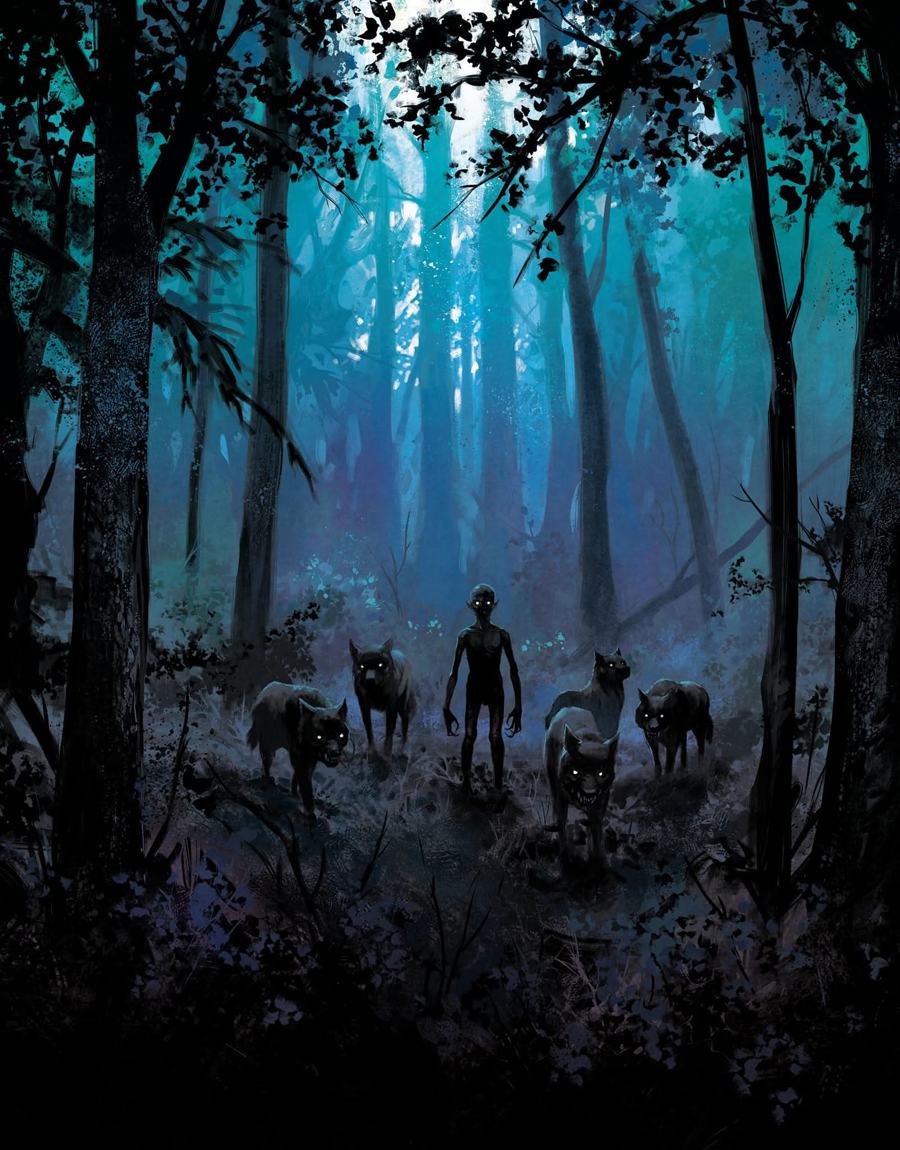 Une silhouette maigre aux yeux lumineux entourée de loups dans une forêt bleutée