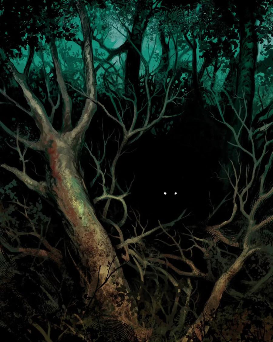 Deux yeux blancs qui brillent dans l'obscurité d'un sous-bois, parmi des branches enchevêtrées