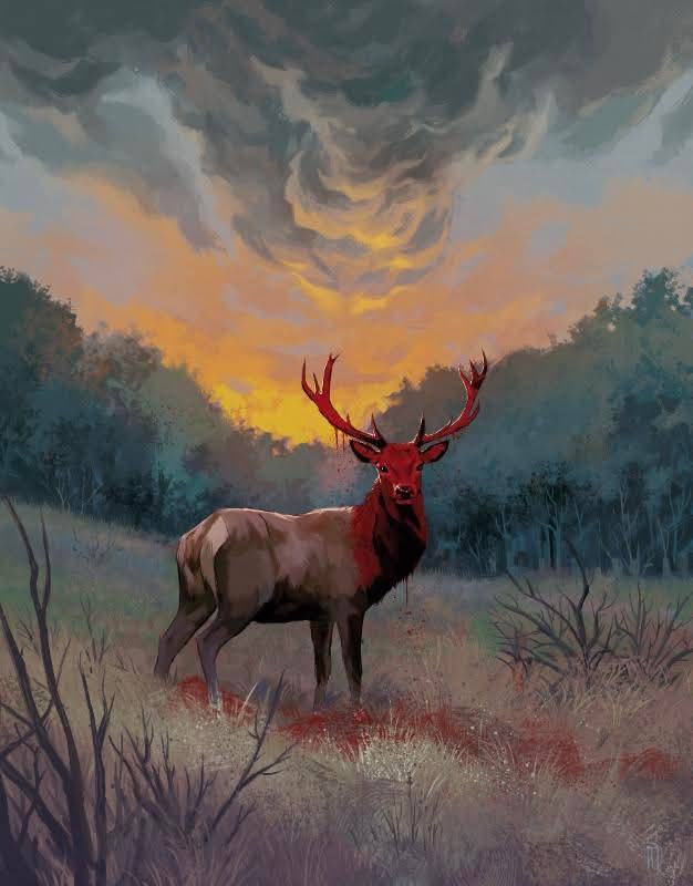 Un cerf aux bois et au poitrail rouge sang, debout dans une clairière sous un ciel orageux orangé