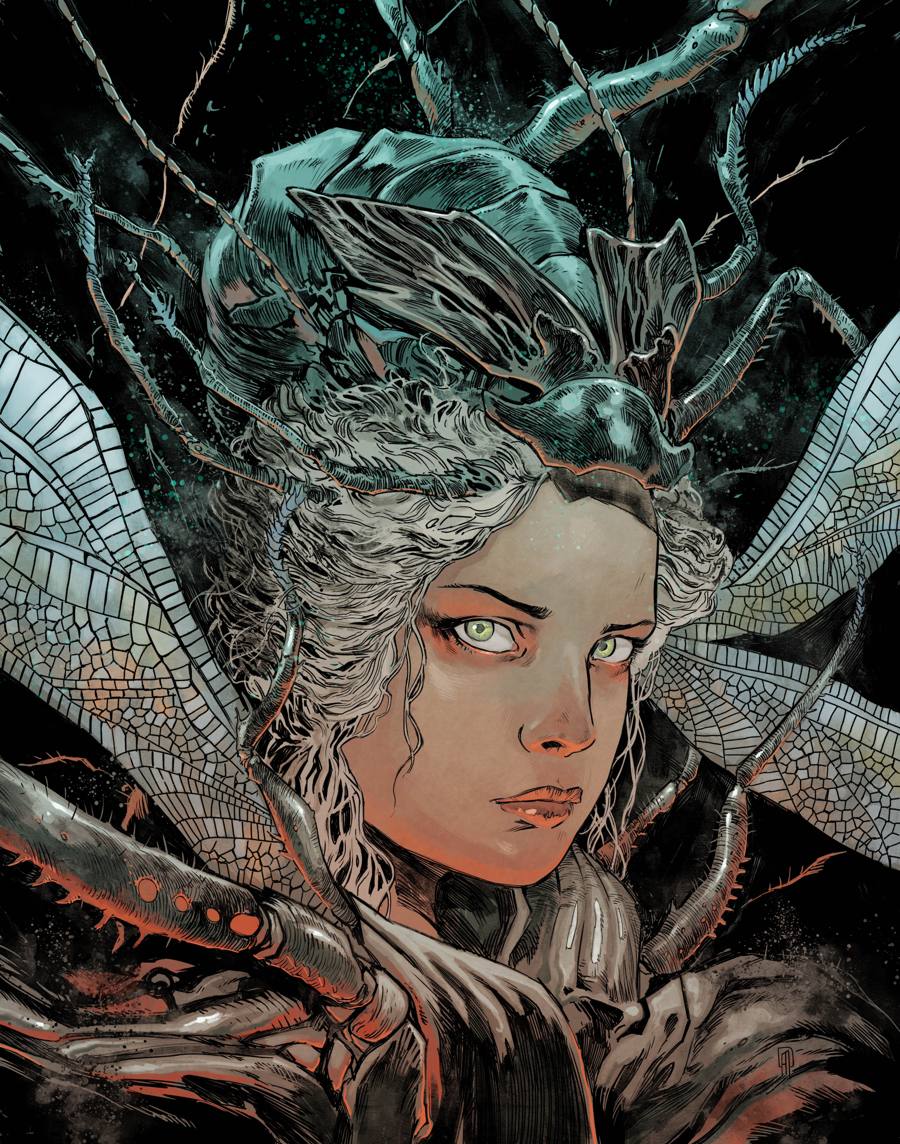 Portrait d'une jeune femme aux yeux verts, coiffée d'un scarabée, entourée d'ailes de libellule