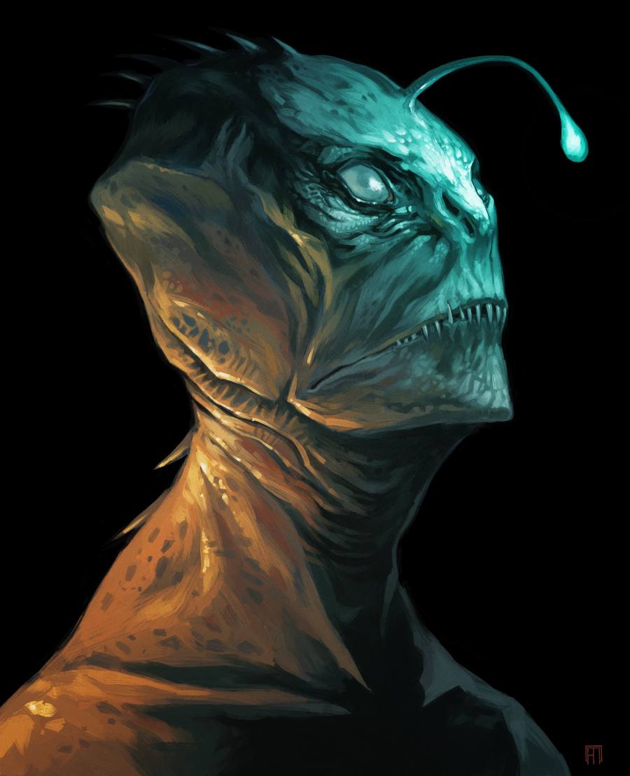 Portrait d'une créature à tête de poisson abyssal, avec une lampe luminescente sur le front