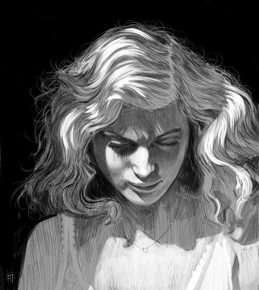Portrait en noir et blanc d'une jeune femme aux cheveux ondulés, le regard baissé