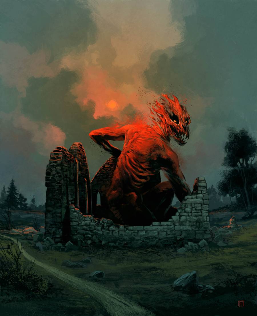Une créature rouge géante, accroupie dans les ruines d'une chapelle, sous un ciel de fin de jour