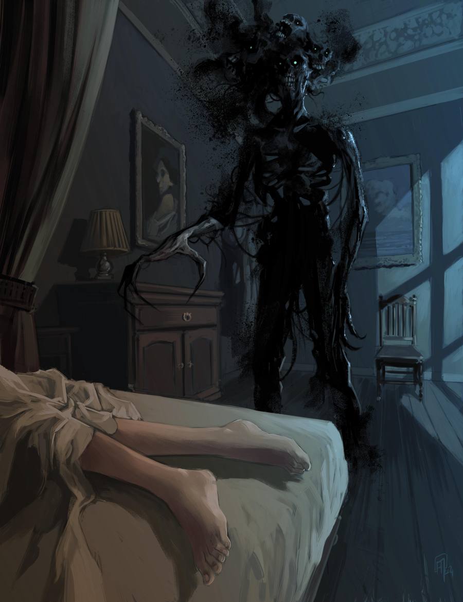 Une silhouette sombre à plusieurs crânes se tient près d'un lit, dans une chambre bleutée