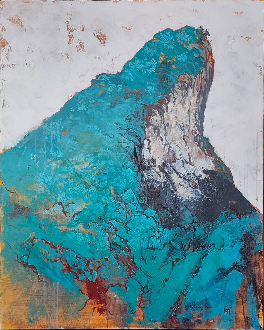 Peinture : un pic montagneux turquoise sur fond blanc