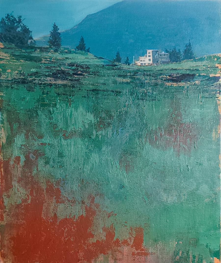 Peinture : paysage vert et turquoise, maison blanche au pied d'une colline