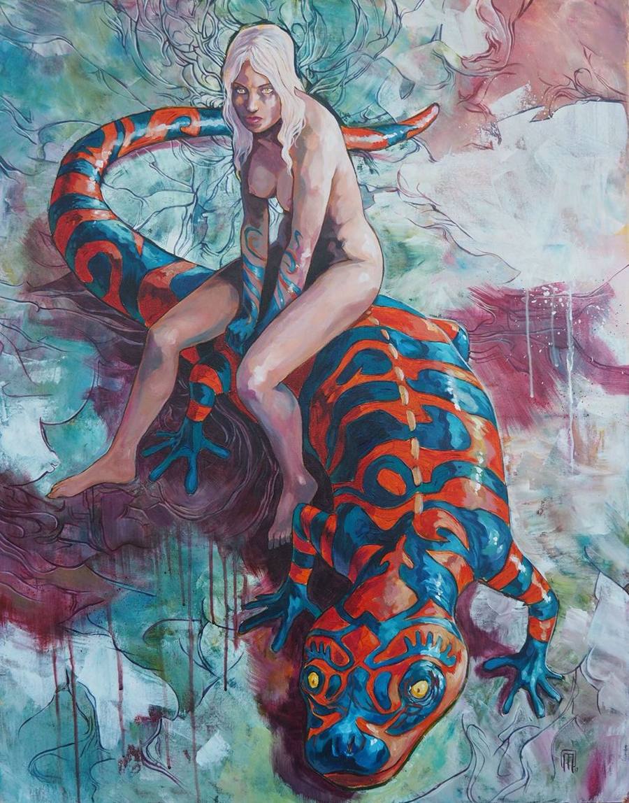Peinture : une jeune femme aux cheveux blancs assise sur une grande salamandre rouge et bleue