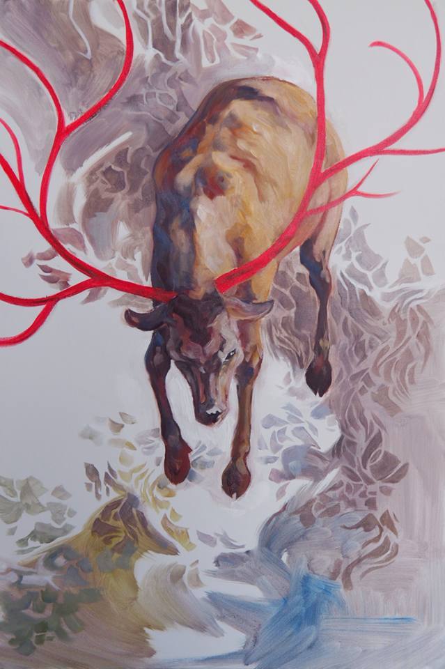Peinture : un cerf plongeant, aux bois rouge vif, sur fond clair