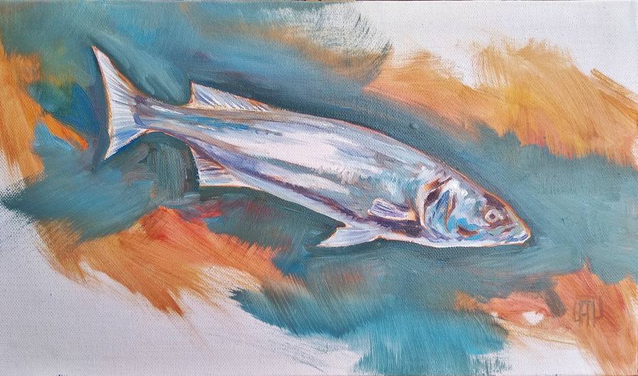 Peinture : un poisson argenté sur fond turquoise et orangé