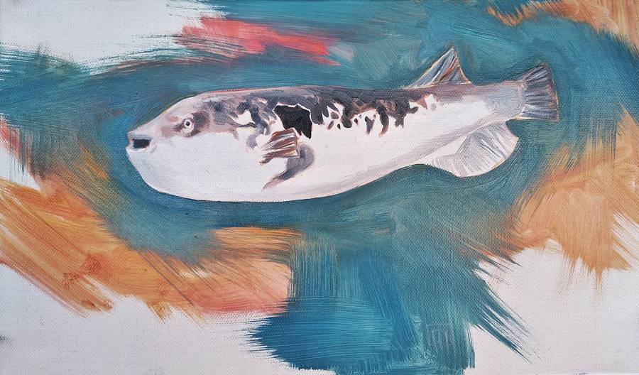 Peinture : un poisson-globe sur fond turquoise et orangé