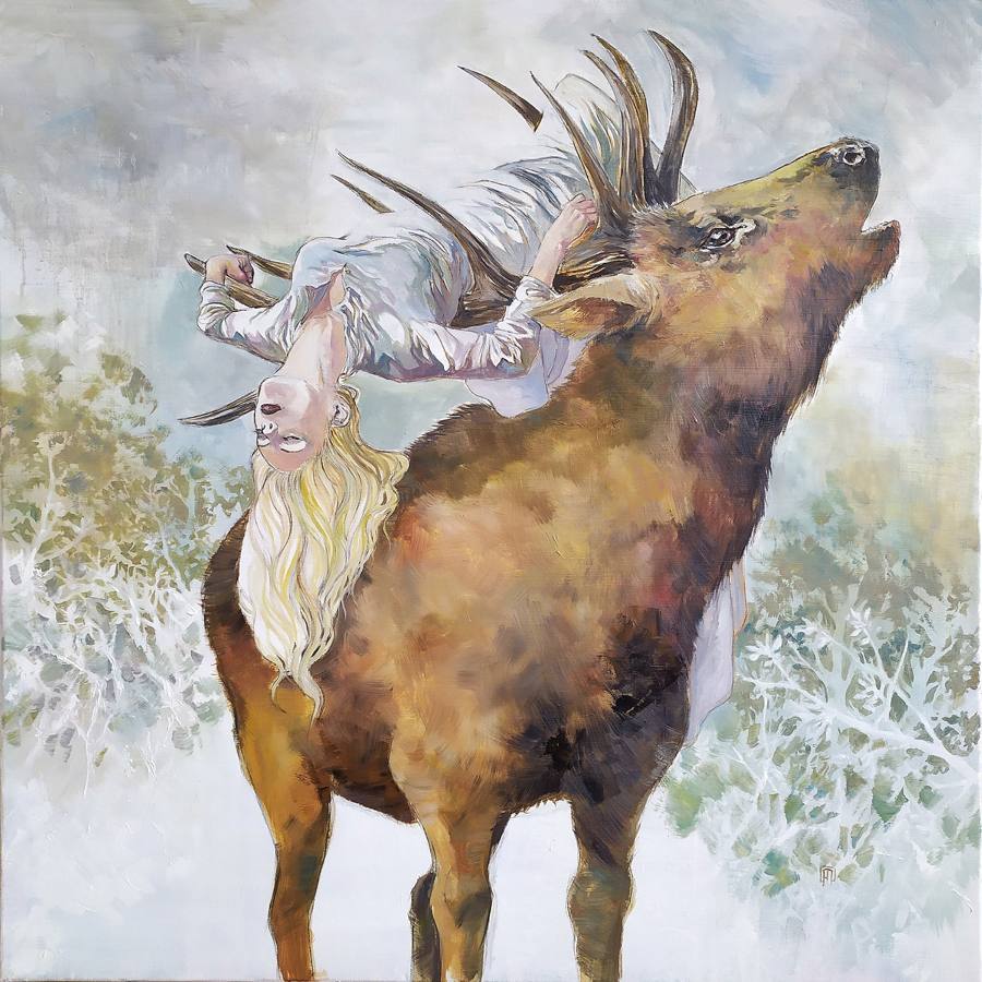 Peinture : une jeune femme blonde renversée sur le dos d'un cerf qui brame