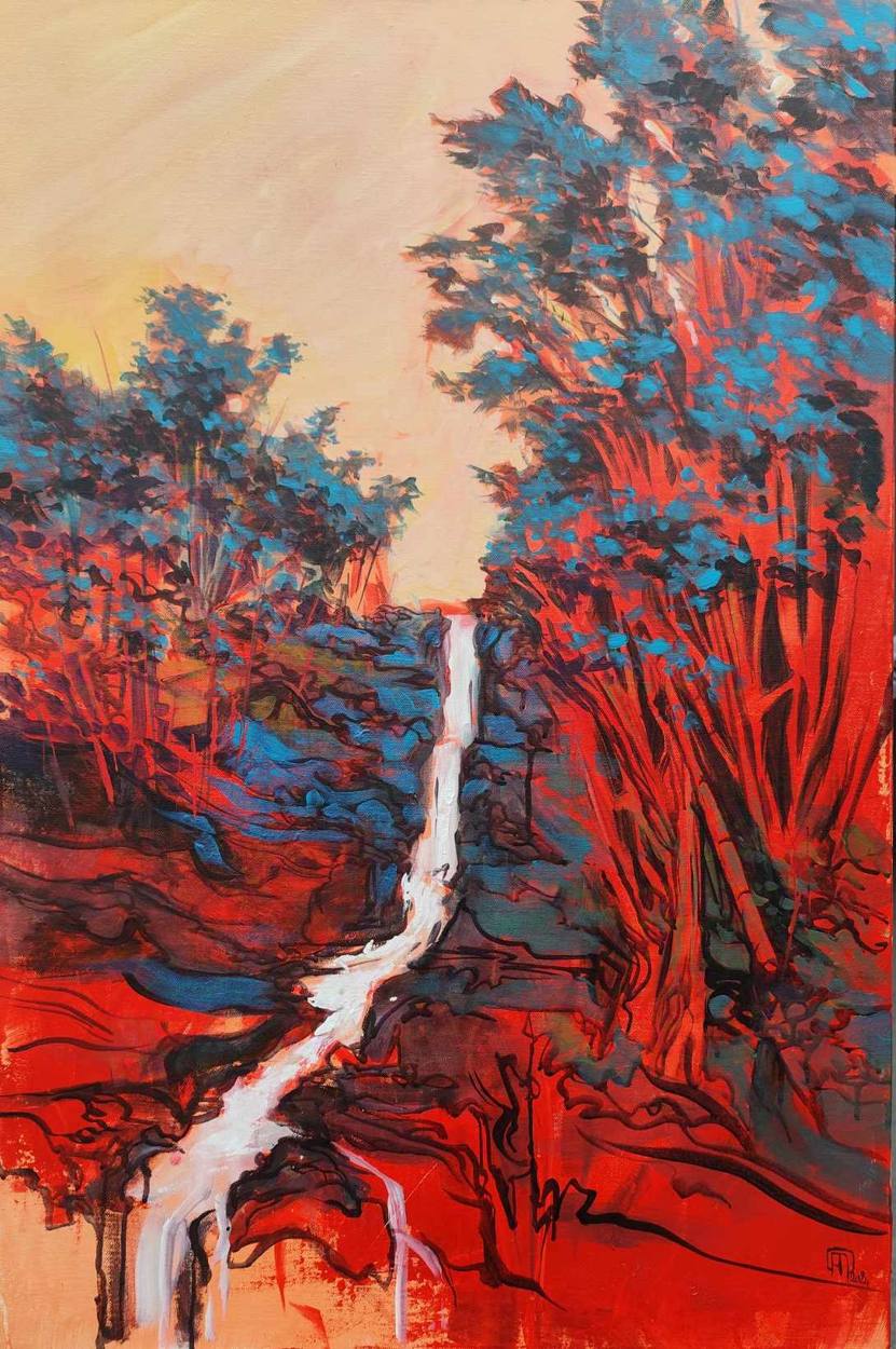 Peinture : une cascade au milieu d'arbres bleus sur fond rouge