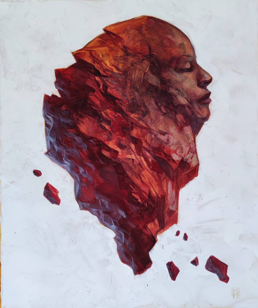 Peinture : un visage de profil qui se fragmente en éclats rouges